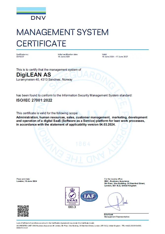 ISO/IEC 27001 Management System Certificate for DigiLEAN