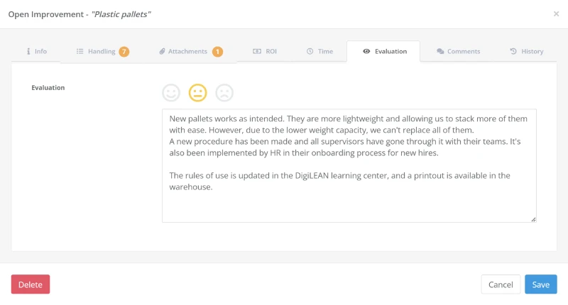 Continuous Improvement project evaluation with smiley